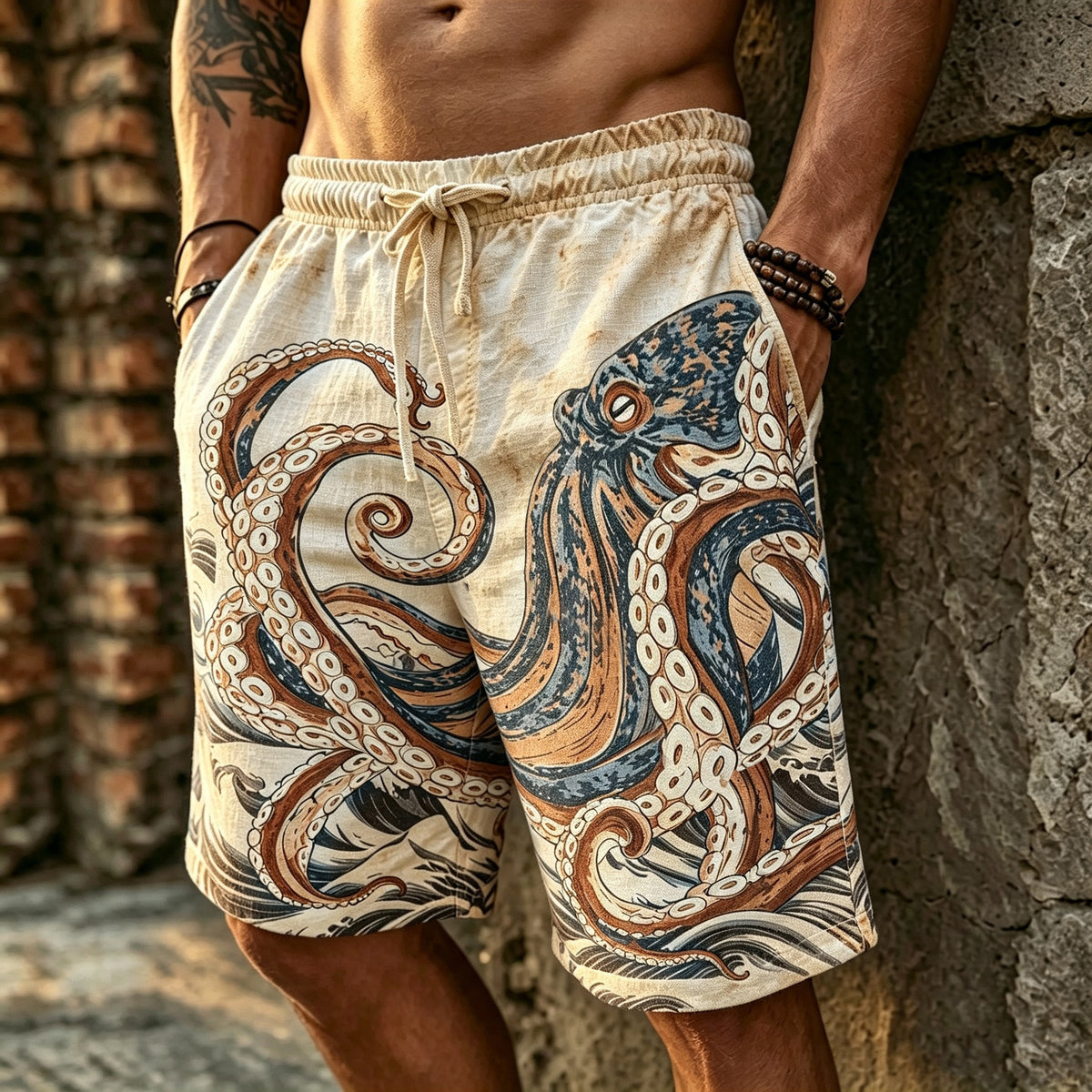 Men's Retro Japanese Art Octopus Print Linen Casual Shorts