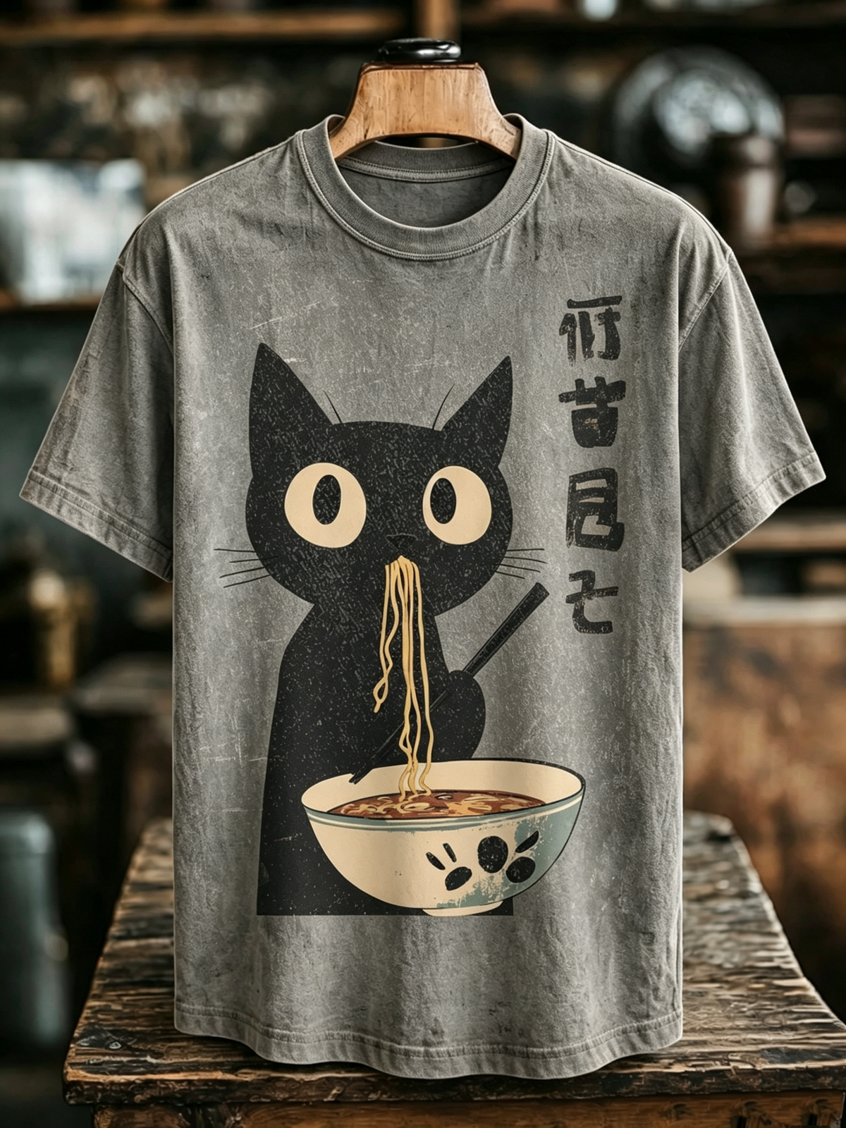 Men's Japanese Black Cat Eating Ramen Print Crew Neck T-shirt