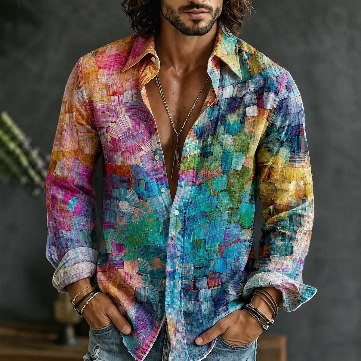 Men's Retro Oil Painting Style Lattice Gradient Art Print Linen Blend Long-sleeve Shirt