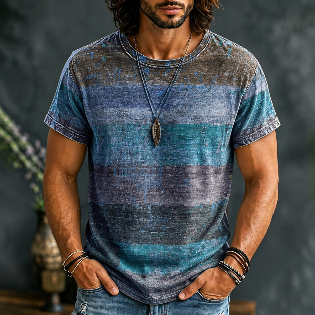 Vintage Horizontal Stripe Color Block Printed T-shirt
