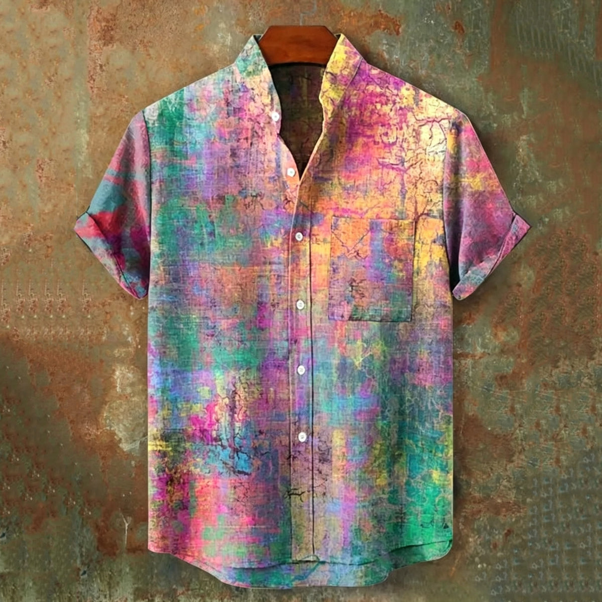 Vintage Rainbow Mottled Art Cat Print Casual Shirt