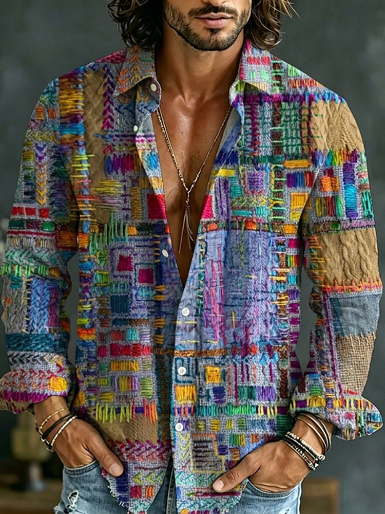 Vintage Colorful Geometric Patterns Casual Cotton Linen Shirt