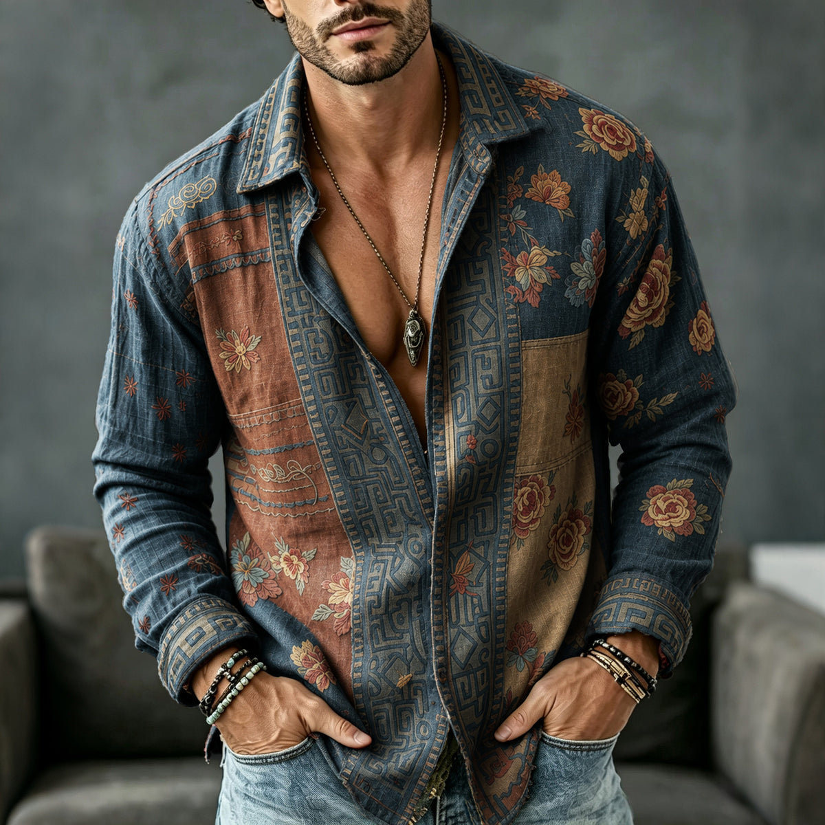 Men's Vintage Floral  Patchwork Printed Art Print Flowy Linen Blend Casual Shirt