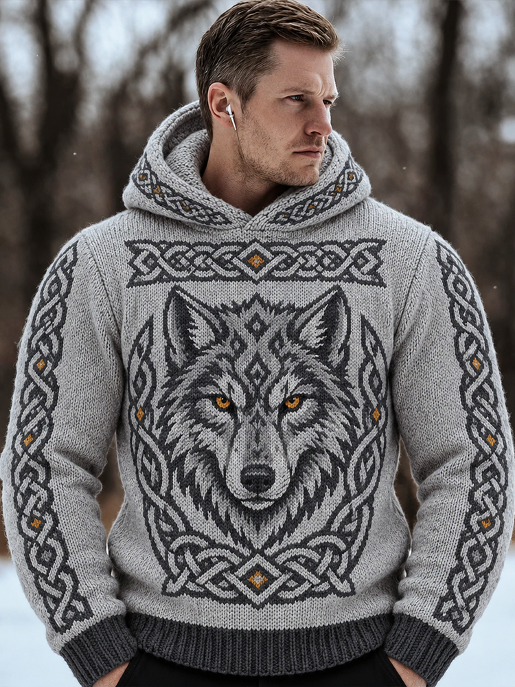 Men's Grey Nordic Wolf Head And Celtic Knot Hooded Knit Sweater