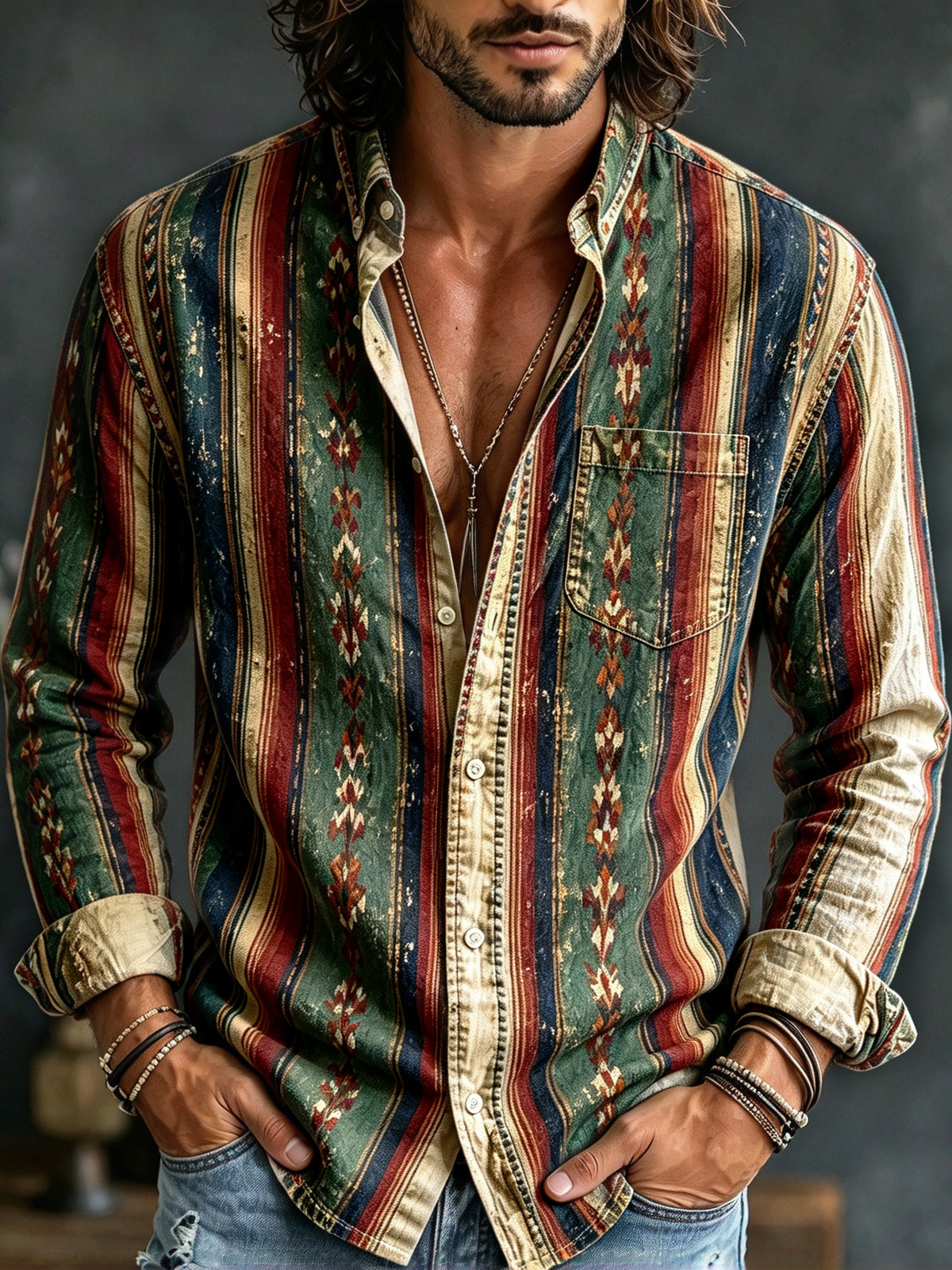 Men's Retro Ethnic Print Striped Print Long-sleeve Shirt