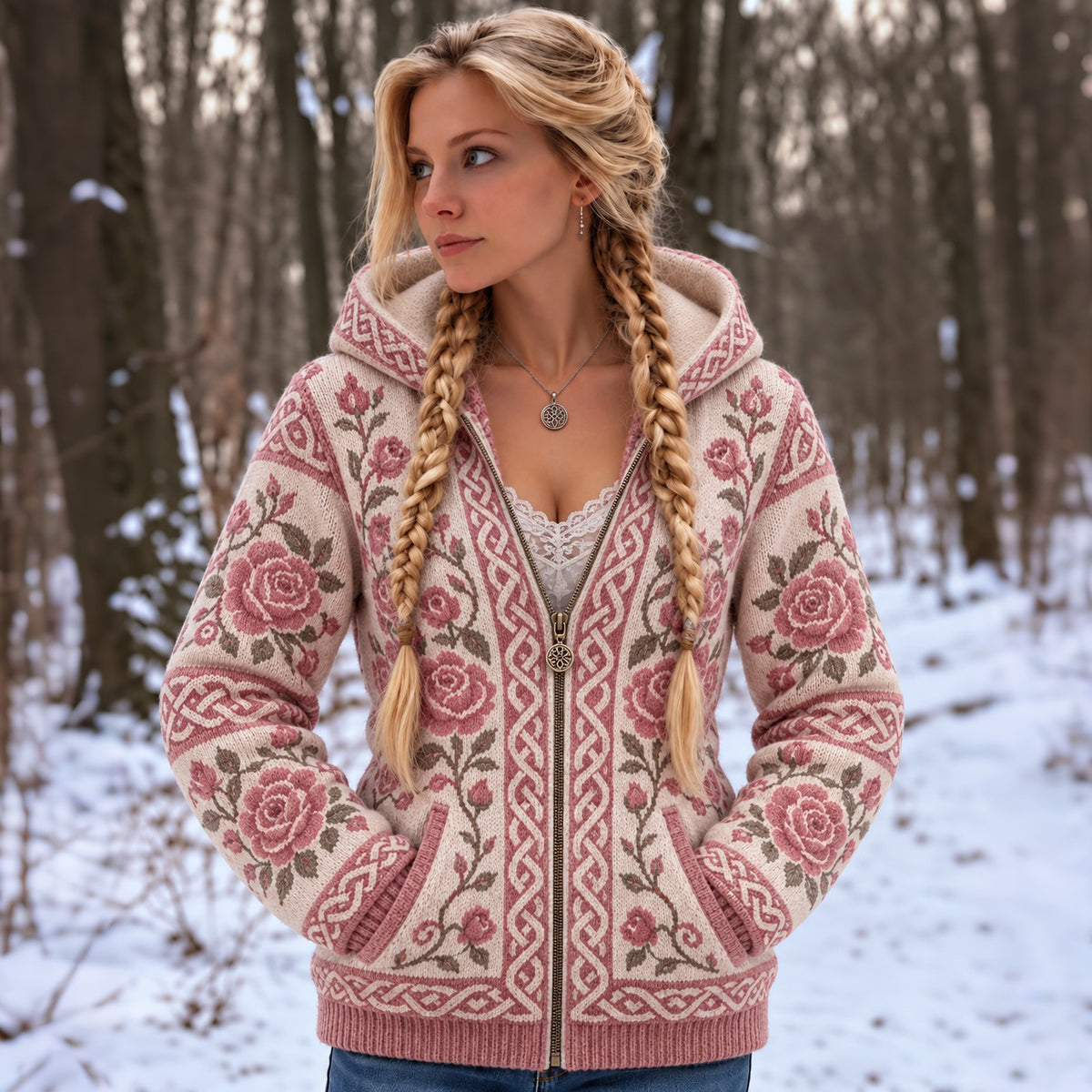 Women's Vintage Celtic Knot And Rose Knitted Hooded Cardigan