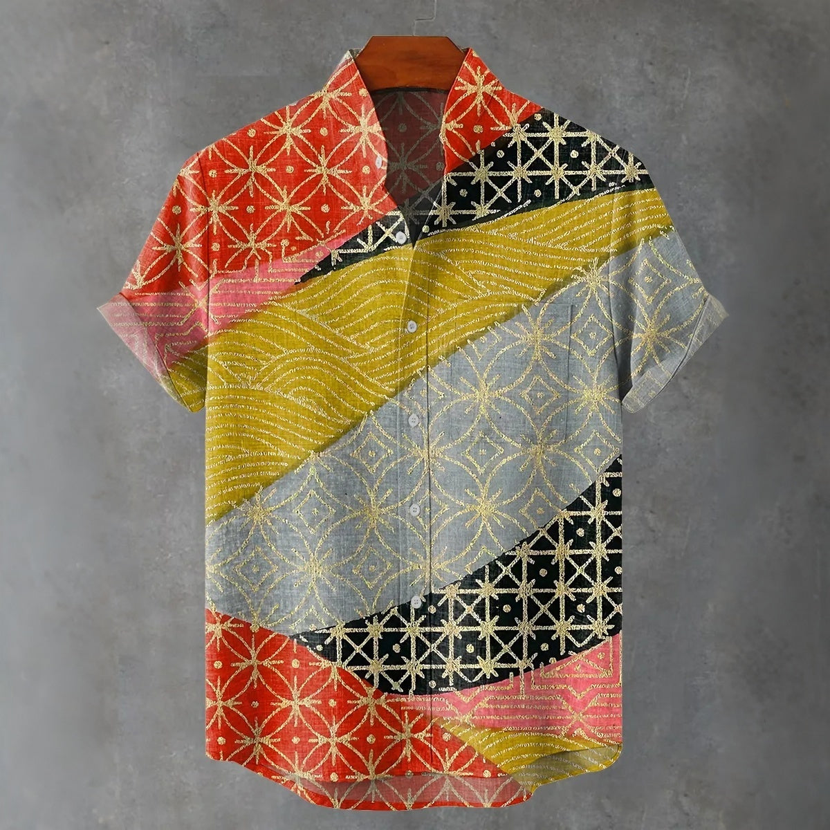 Color Match Splice Golden Vintage Art Print Casual Shirt
