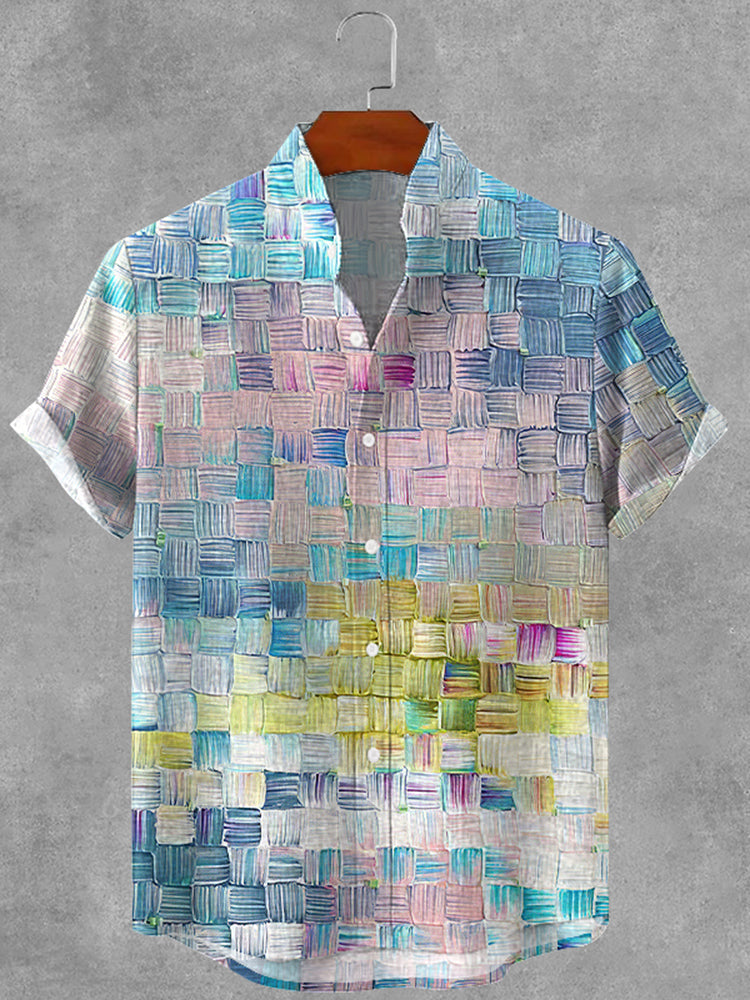Men's Retro Oil Painting Plaid Art Print And Linen Shirt