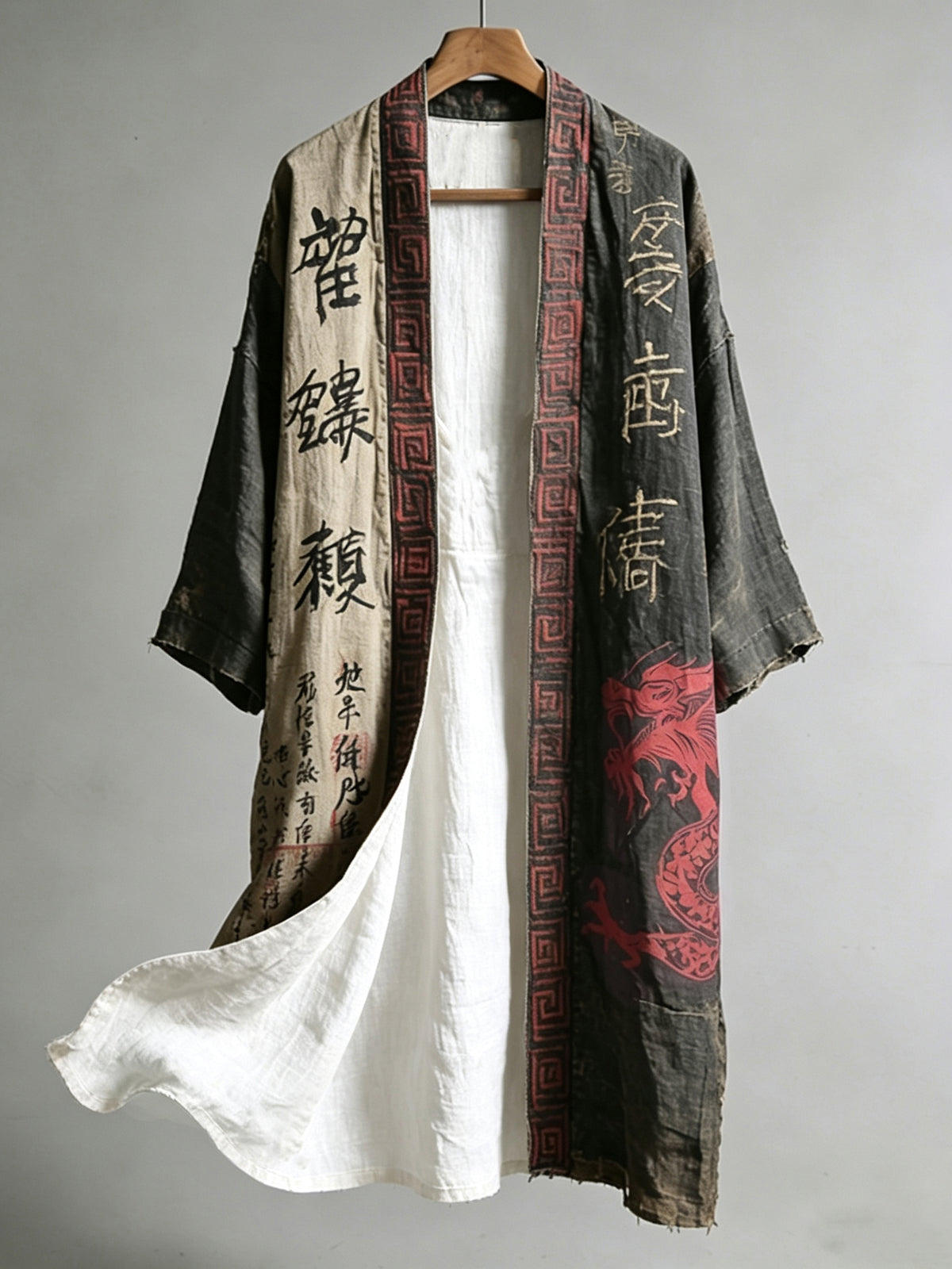 Men's Japanese Dragon Pattern Calligraphy And Painting Art Linen Long Kimono