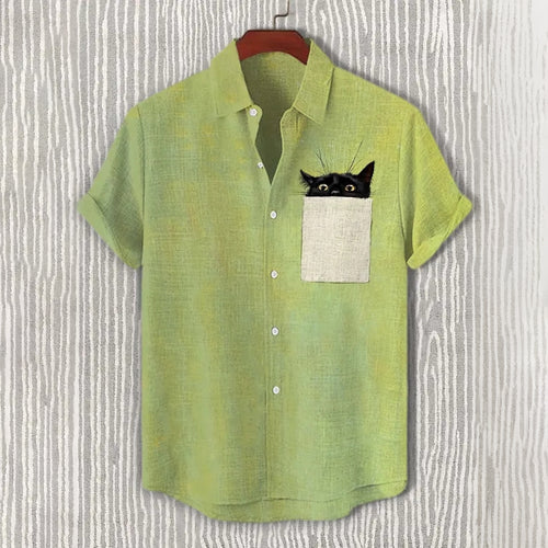 Men's Black Cat Hiding In Pocket Print Casual Cotton Linen Shirt