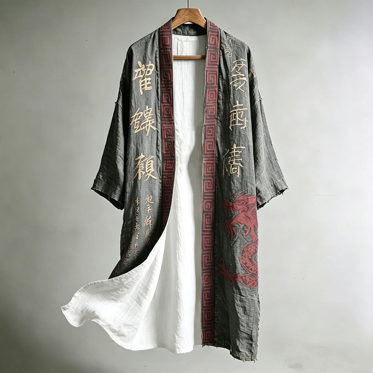 Men's Japanese Dragon Pattern Calligraphy And Painting Art Linen Long Kimono
