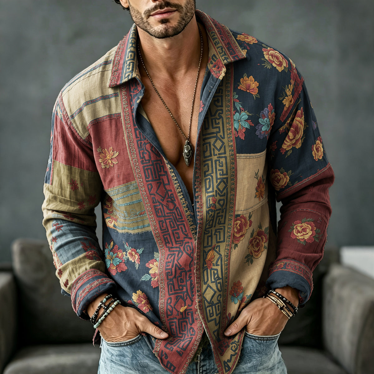 Men's Vintage Floral  Patchwork Printed Art Print Flowy Linen Blend Casual Shirt