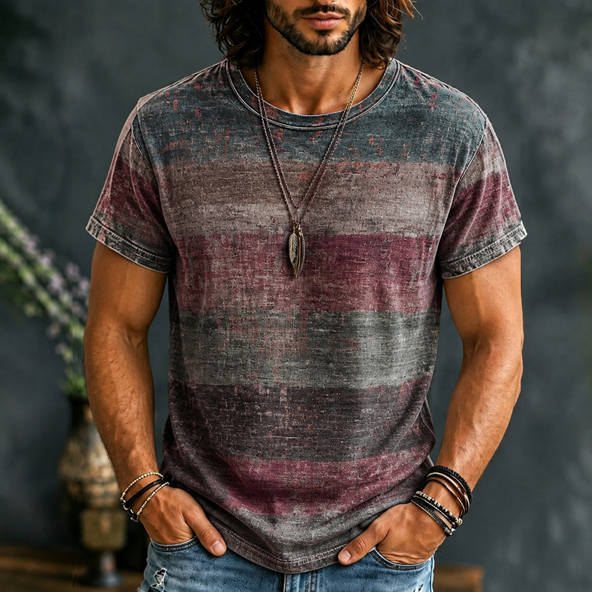 Vintage Horizontal Stripe Color Block Printed T-shirt