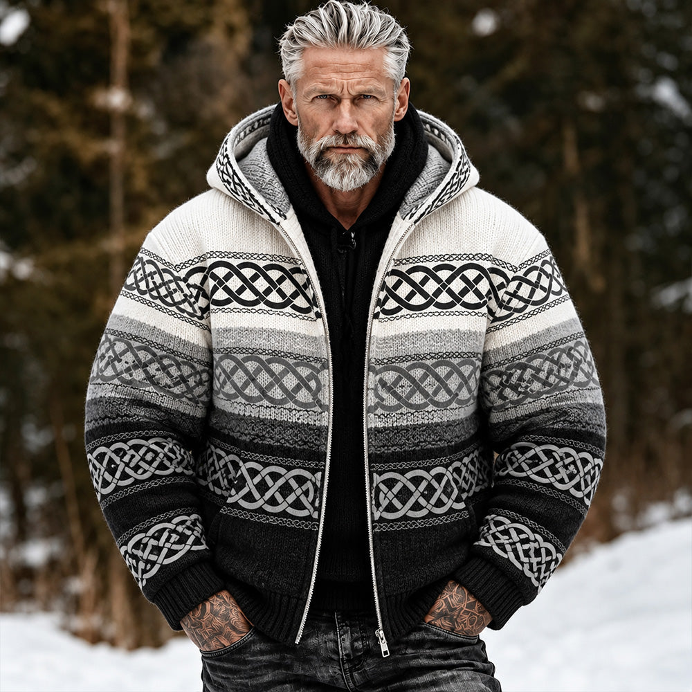 Men's Vintage Viking Style Celtic Knot Gradient Art Jacquard Warm Hooded Cardigan Zipper Sweater