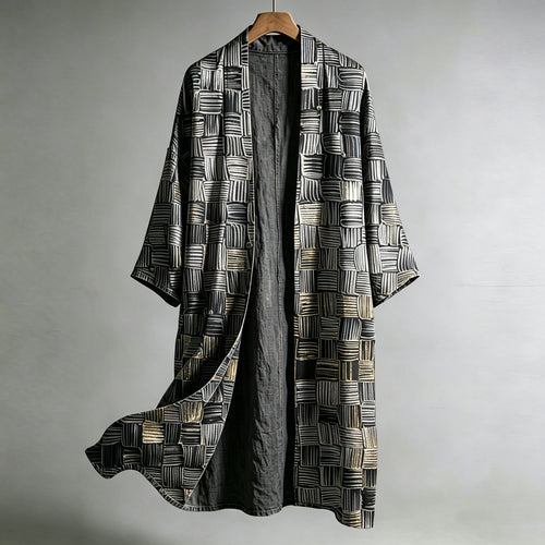 Men's Abstract Geometric Art Pattern Linen Long Cardigan