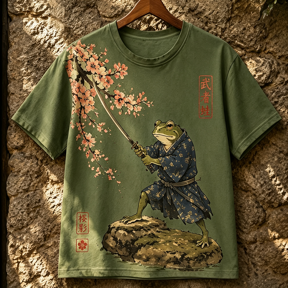 Men's Samurai Frog T-shirt - Japanese Warrior Animal Graphic Short Sleeve Tee