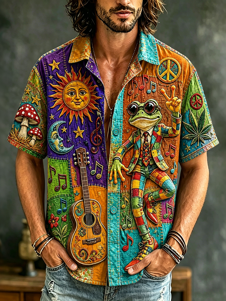 Men's Boho Frog Music Patchwork Psychedelic Peace & Sun Moon Art Print Casual Shirt
