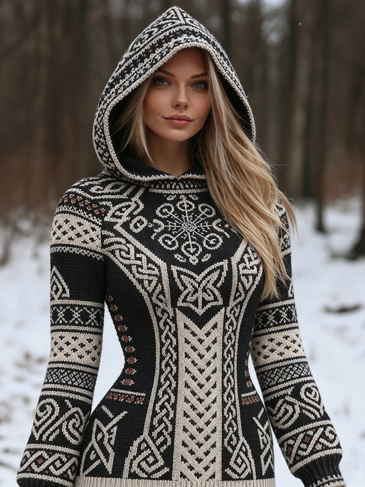Women's Vintage Viking Celtic Knot Vegvisir Rune Knit Sweater