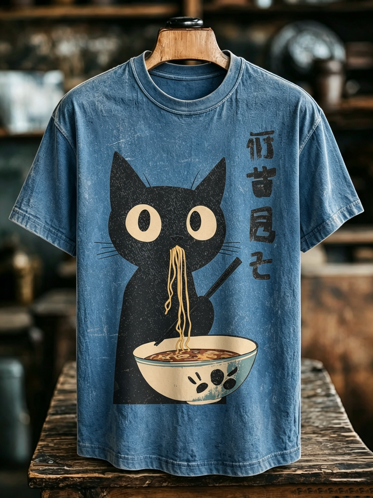 Men's Japanese Black Cat Eating Ramen Print Crew Neck T-shirt