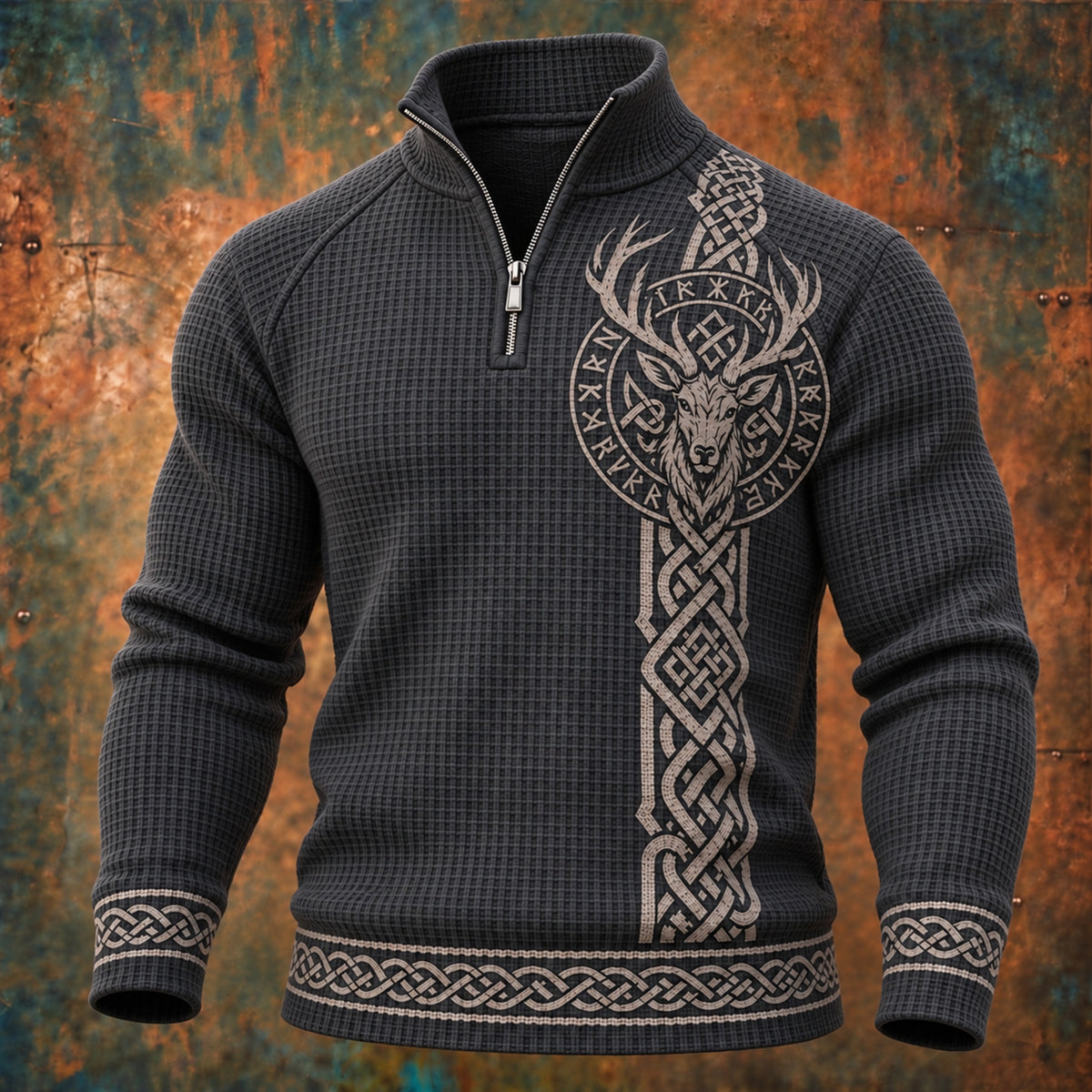 Men’s Vintage Viking Stag Head And Celtic Knot Print Long-sleeve Waffle-knit Sweatshirt