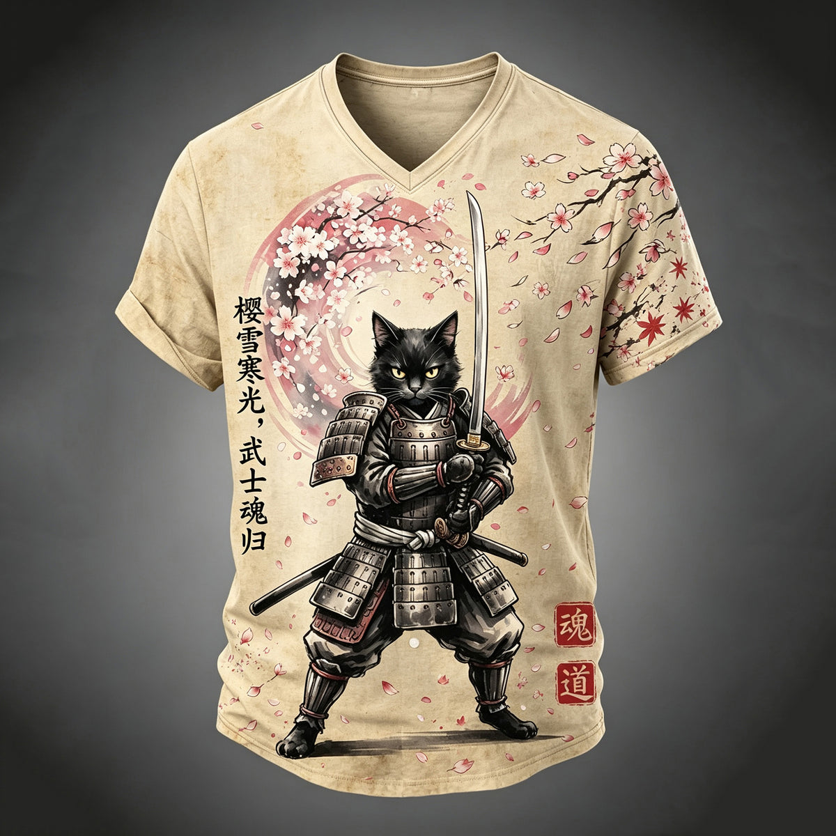 Men's Japanese Cherry Blossom And Black Cat Art Pattern Casual V-neck T-shirt