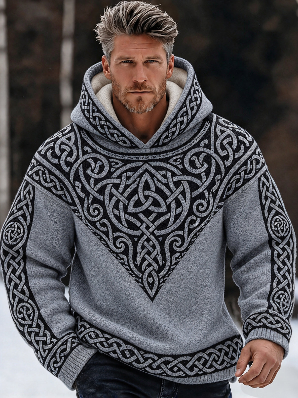 Men's Retro Viking Tribal Celtic Printed  Knit Hooded Sweater