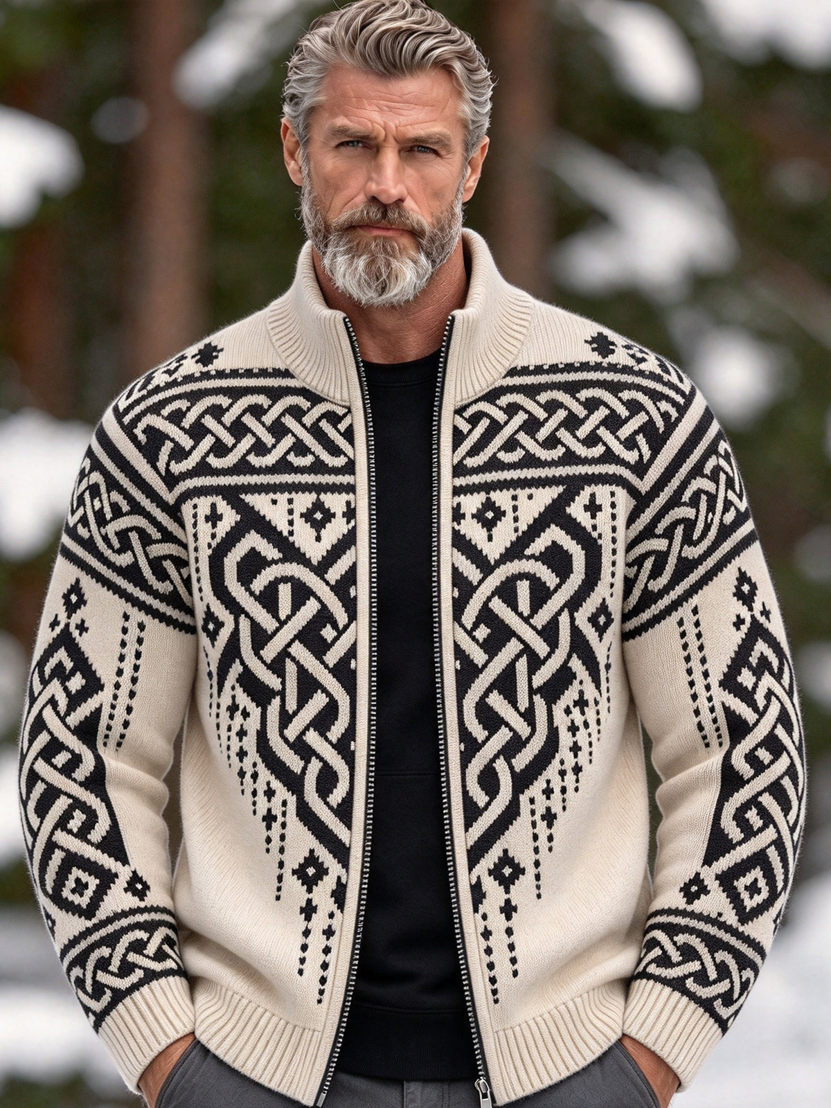 Men's Vintage Viking Celtic Knot Knit Zip-up Cardigan