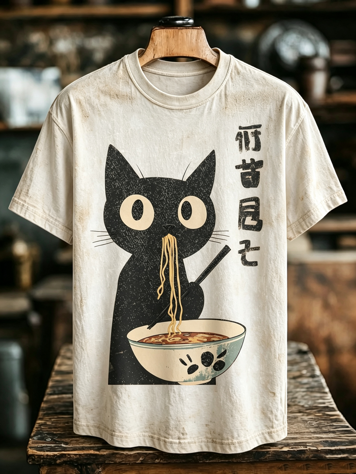 Men's Japanese Black Cat Eating Ramen Print Crew Neck T-shirt