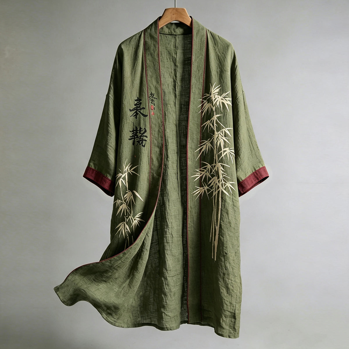 Retro Japanese Bamboo Art Pattern Casual Linen Long Kimono Cardigan