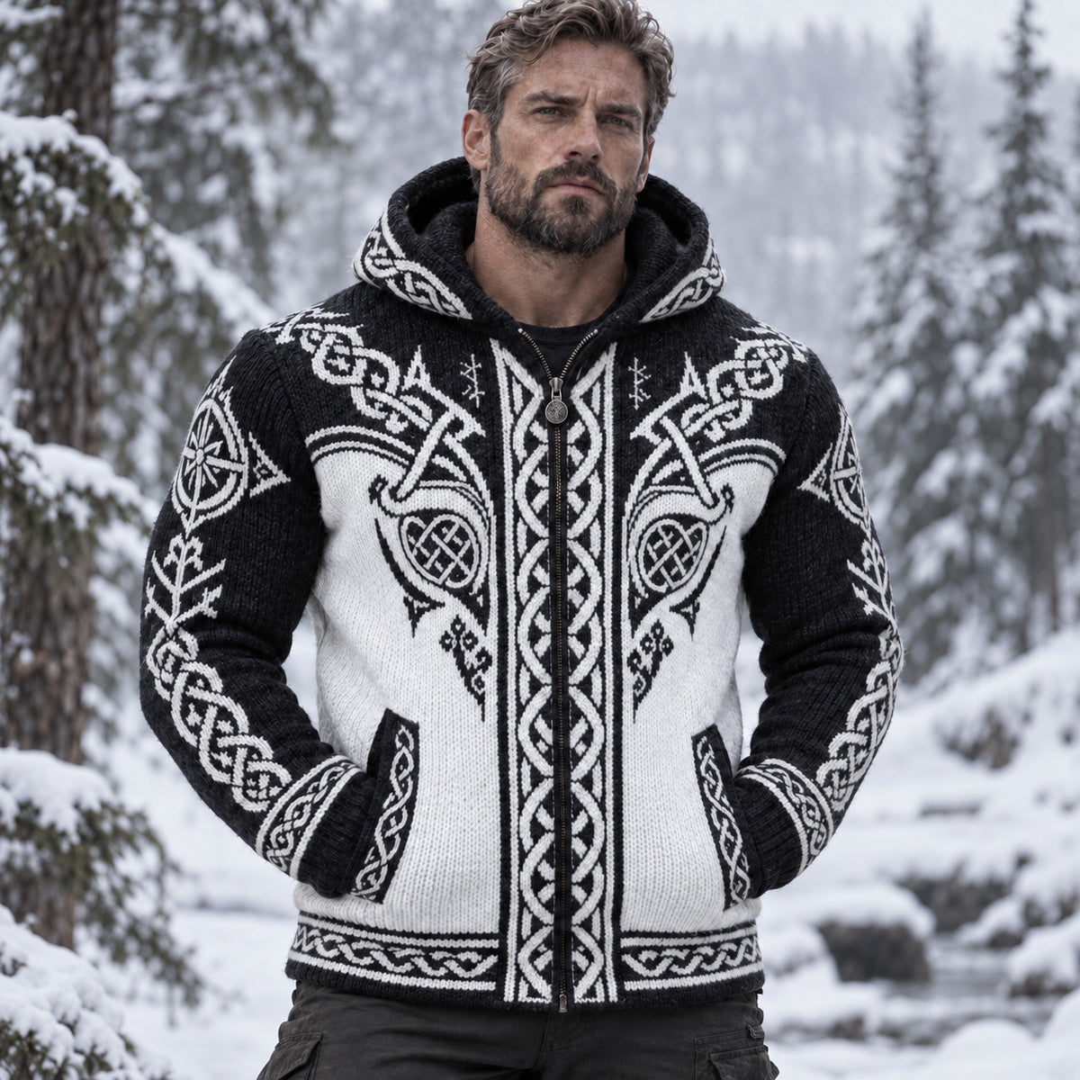 Men's Retro Geometry Viking Pattern Zip-up Cozy Hooded Sweater