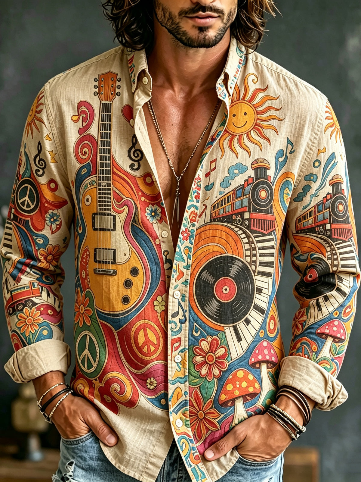 Men's Fun Hippie Guitar Record Train Mushroom Print Long-sleeve Shirt