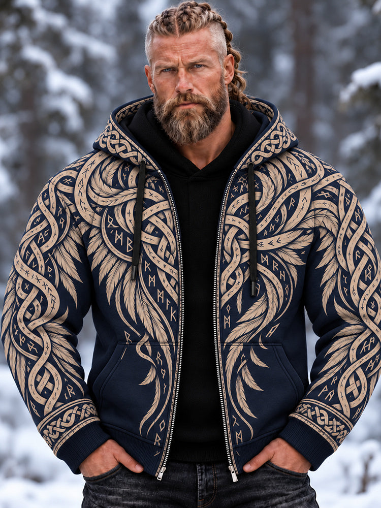 Men's Vintage Viking Celtic Knot Wing Print Zip Up Hoodie