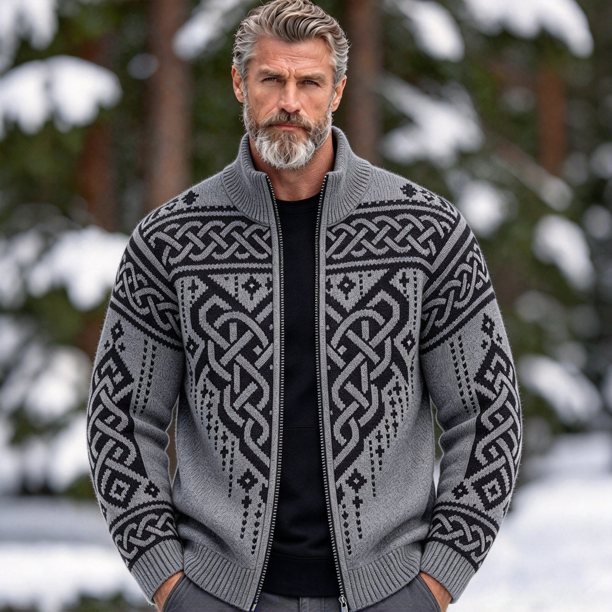 Men's Vintage Viking Celtic Knot Knit Zip-up Cardigan