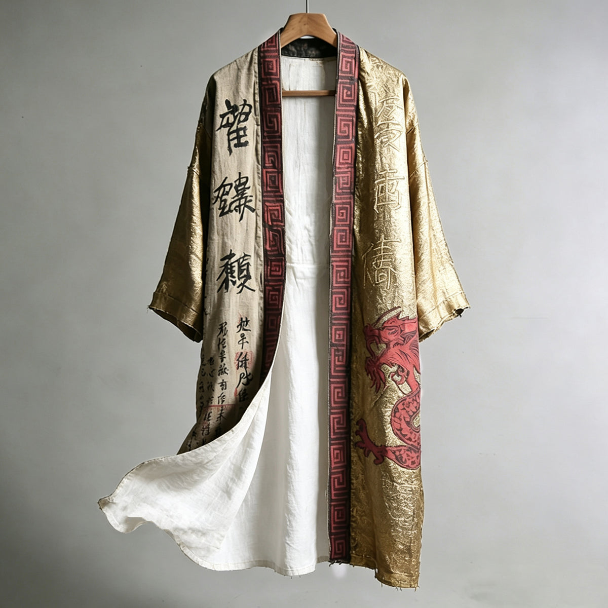 Men's Japanese Dragon Pattern Calligraphy And Painting Art Linen Long Kimono