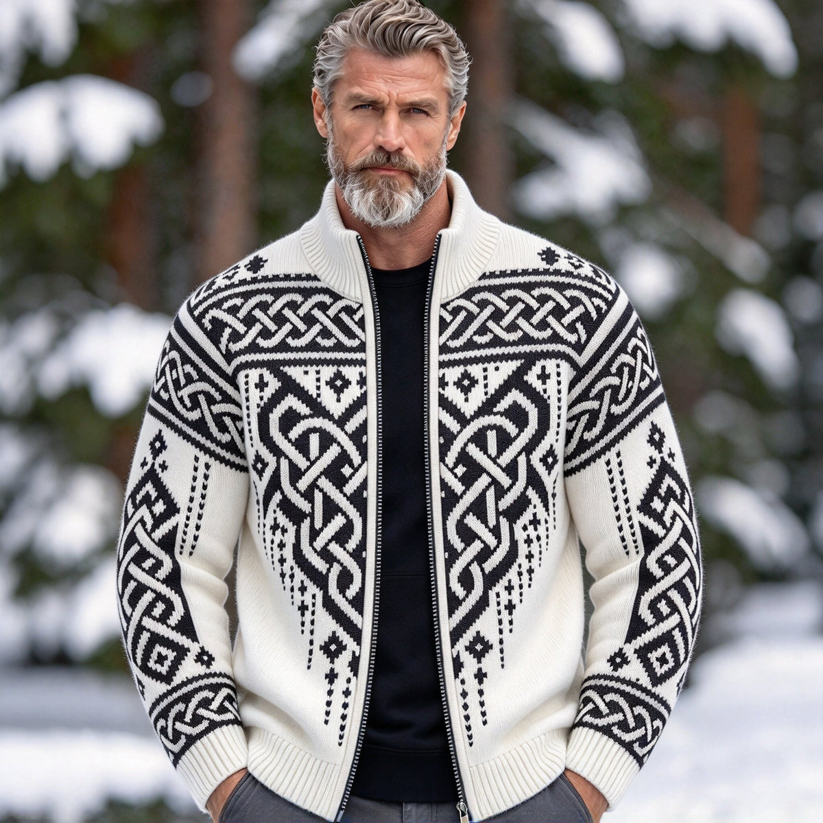 Men's Vintage Viking Celtic Knot Knit Zip-up Cardigan