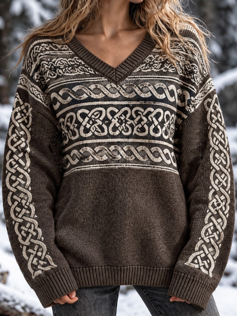 Women's Vintage Celtic Knot Print V-neck Sweater