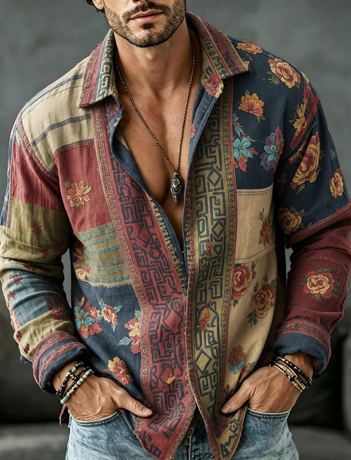 Men's Vintage Floral  Patchwork Printed Art Print Flowy Linen Blend Casual Shirt