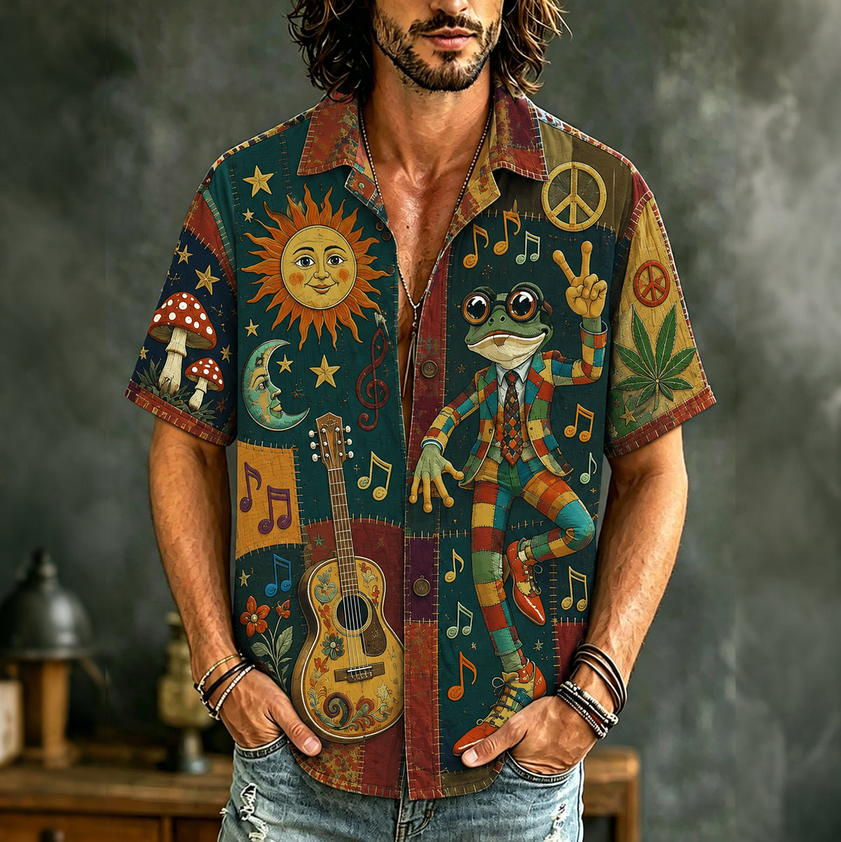 Men's Boho Frog Music Patchwork Psychedelic Peace & Sun Moon Art Print Casual Shirt