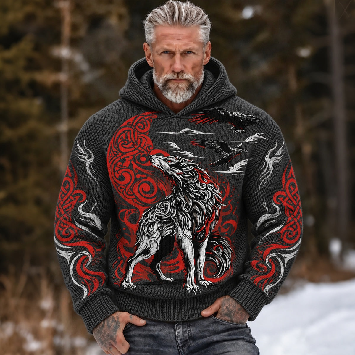Men's Vintage Viking Wolf And Celtic Knot Print Warm Knitted Hooded Sweater