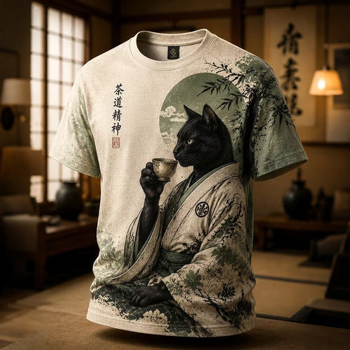 Men's Black Cat Drinking Tea Japanese Tea Ceremony Art Print T-shirt