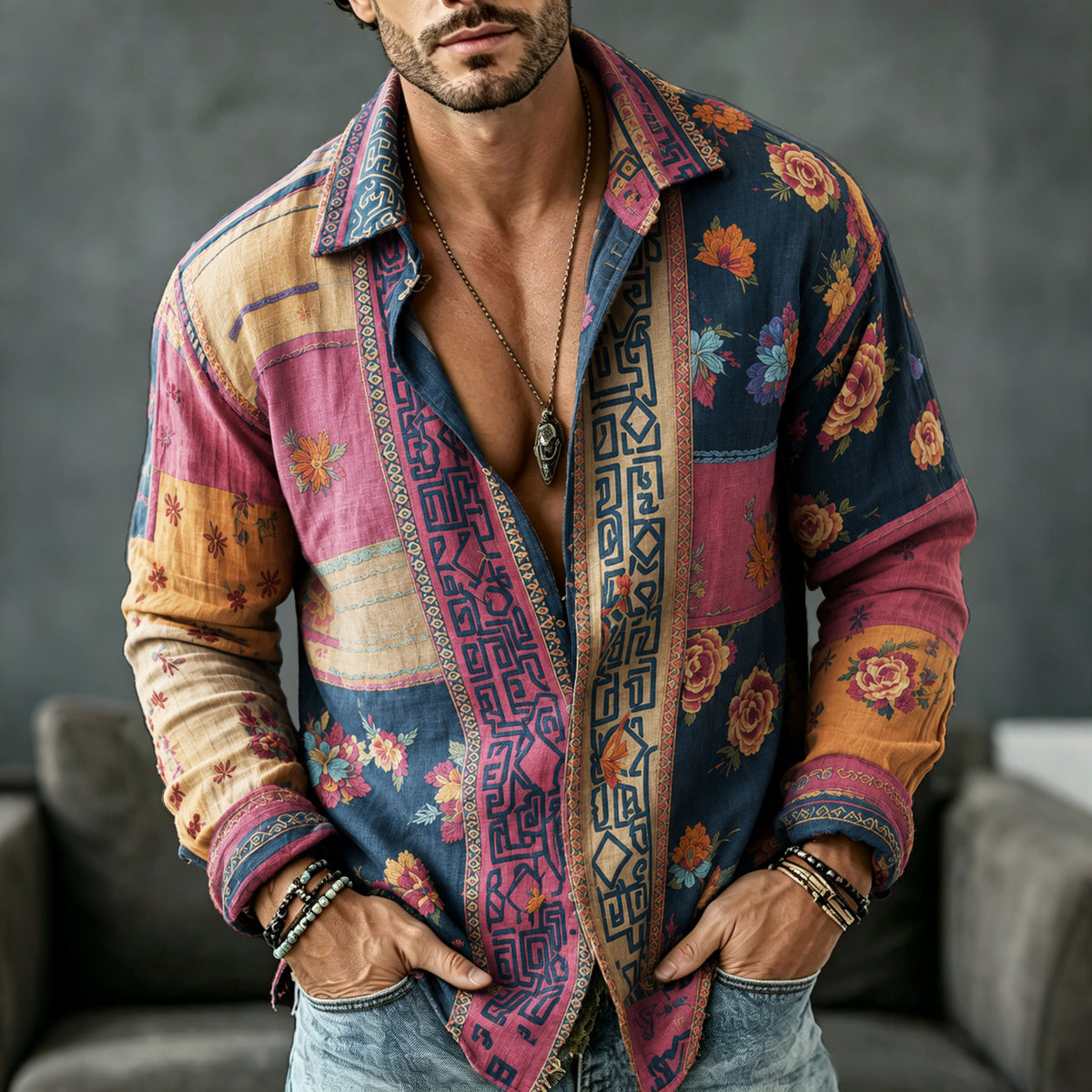 Men's Vintage Floral  Patchwork Printed Art Print Flowy Linen Blend Casual Shirt