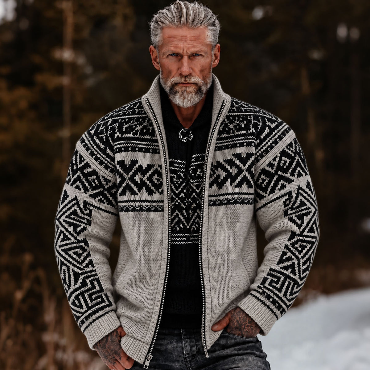Men's Vintage Geometry Art Collar Zip-up Jacket