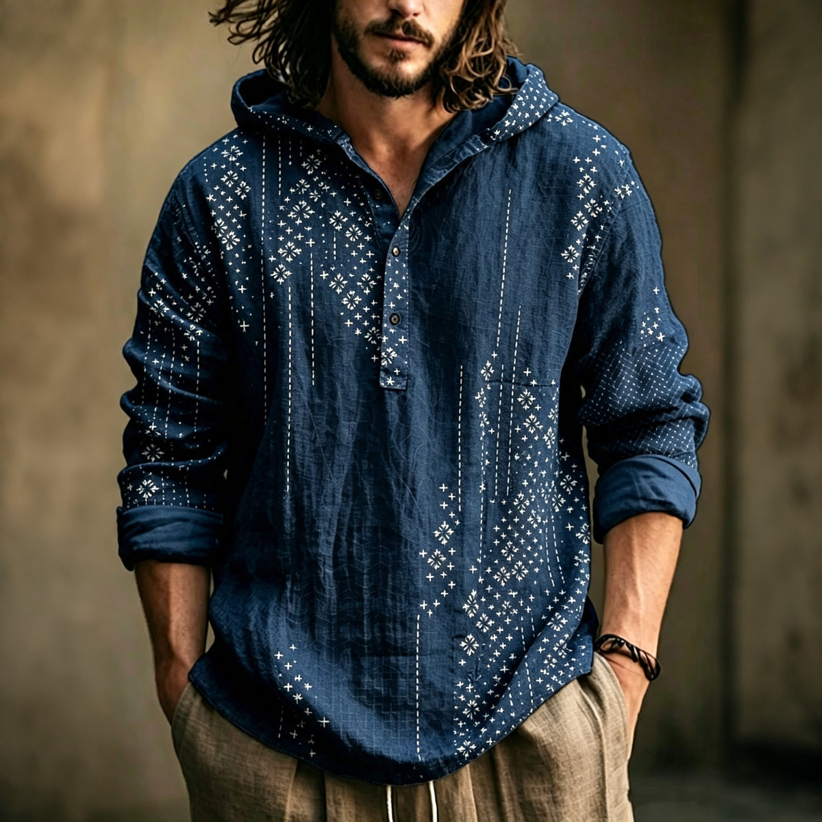 Men's Vacation Retro Printed Cotton Linen Hoodie