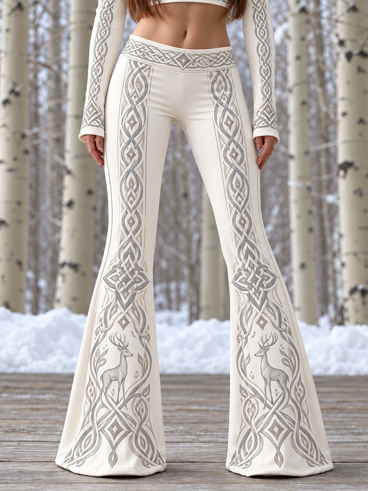 Women's Off-white Celtic Knot And Stag Printed Flare Pants