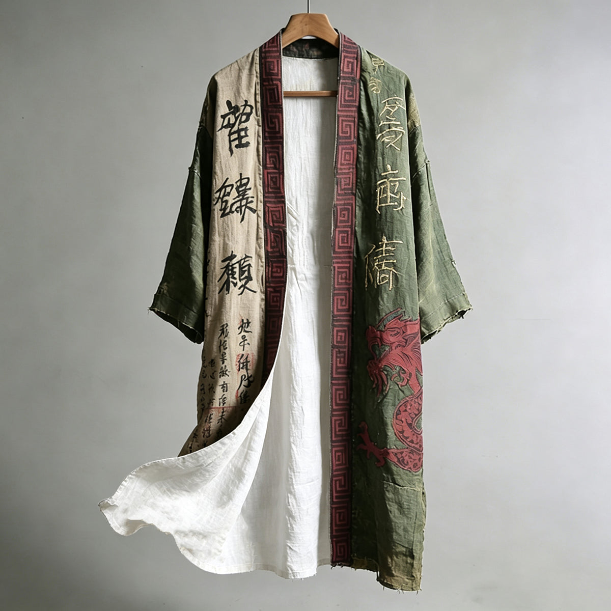 Men's Japanese Dragon Pattern Calligraphy And Painting Art Linen Long Kimono