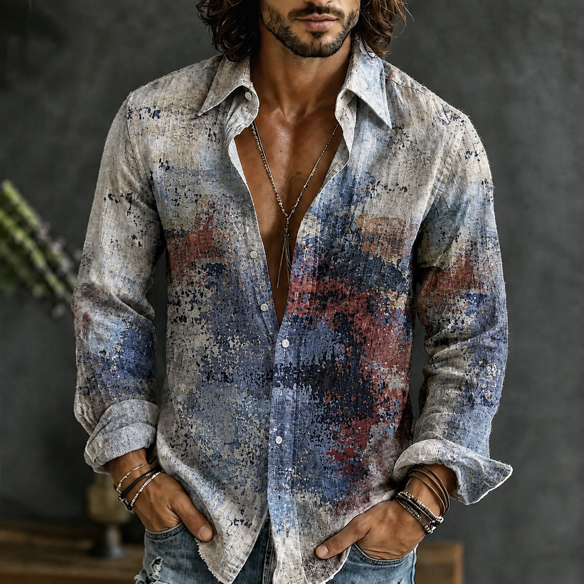 Men's Retro Oil Painting Gradient Art Print Linen Blend Long-sleeve Shirt